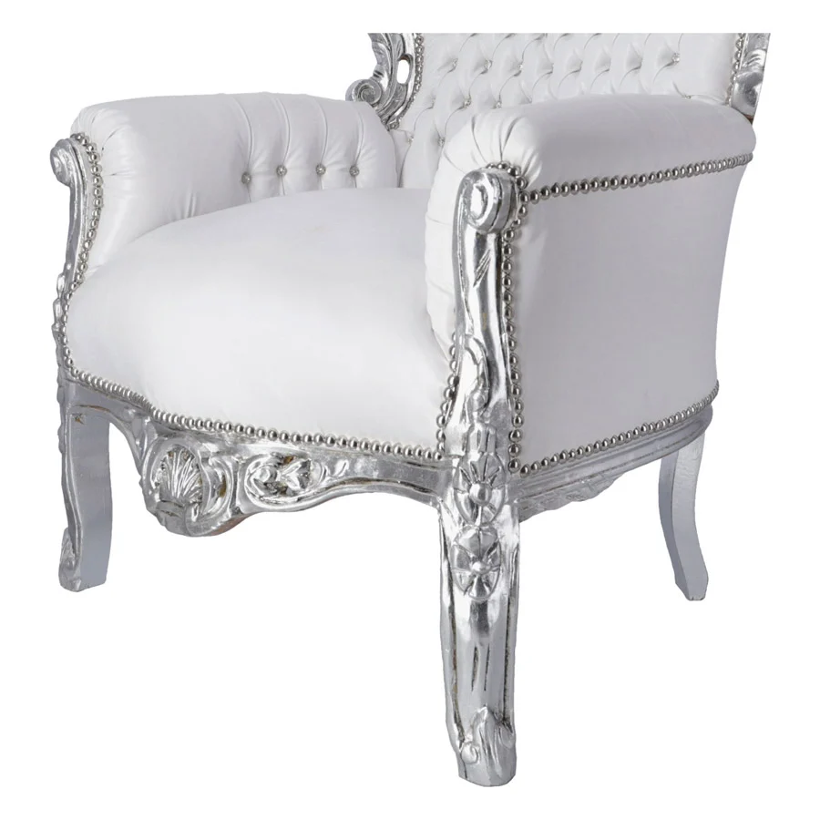 Poltrona barocco da camera o salotto legno colore argento ecopelle bianco cm 80x60x115h