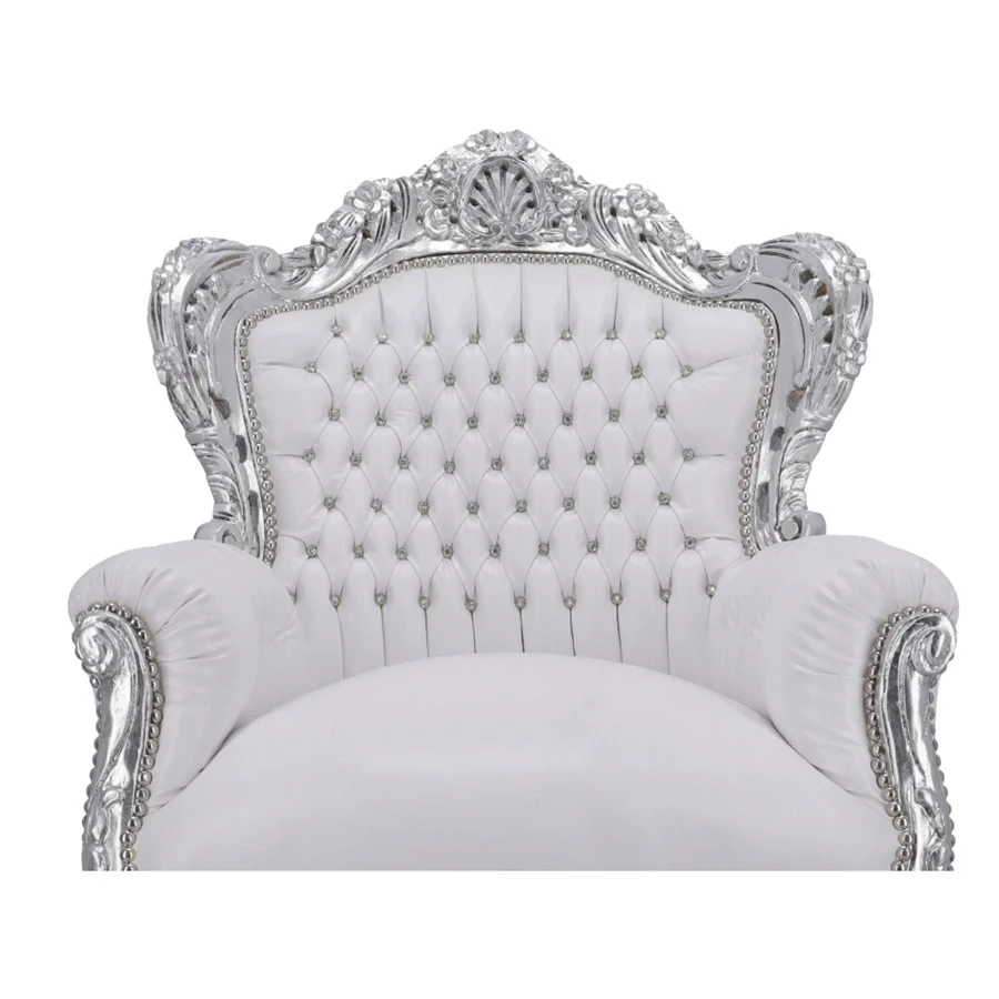 Poltrona barocco da camera o salotto legno colore argento ecopelle bianco cm 80x60x115h