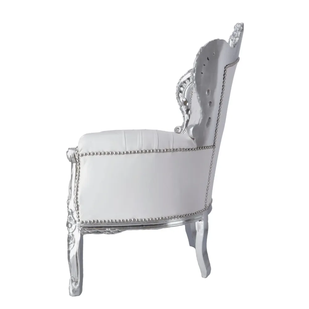 Poltrona barocco da camera o salotto legno colore argento ecopelle bianco cm 80x60x115h