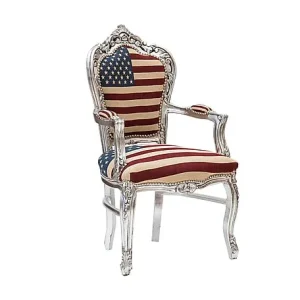 Poltrona barocco legno colore argento e tessuto con bandiera americana cm 63x65x108h
