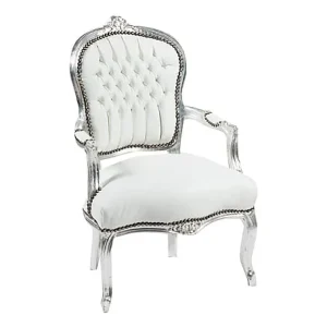 Poltrona barocco per camera o soggiorno ecopelle bianca e struttura argento cm 63x65x94h