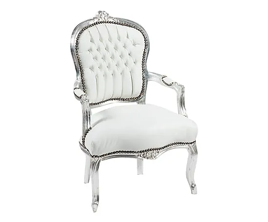 Poltrona barocco per camera o soggiorno ecopelle bianca e struttura argento cm 63x65x94h
