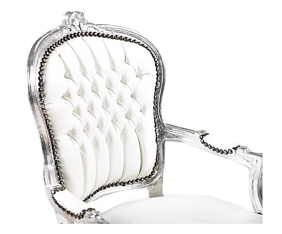 Poltrona barocco per camera o soggiorno ecopelle bianca e struttura argento cm 63x65x94h