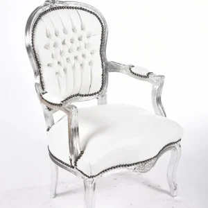 Poltrona barocco per camera o soggiorno legno colore argento tessuto bianco cm 63x65x94h
