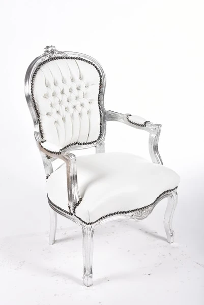 Poltrona barocco per camera o soggiorno legno colore argento tessuto bianco cm 63x65x94h