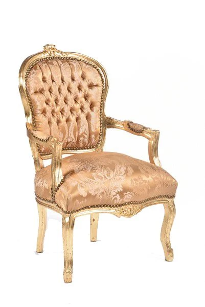 Poltrona barocco da salotto o camera da letto legno e tessuto foglie oro cm 65x60x94h