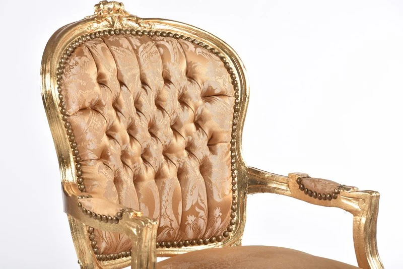 Poltrona barocco da salotto o camera da letto legno e tessuto foglie oro cm 65x60x94h