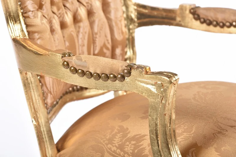 Poltrona barocco da salotto o camera da letto legno e tessuto foglie oro cm 65x60x94h