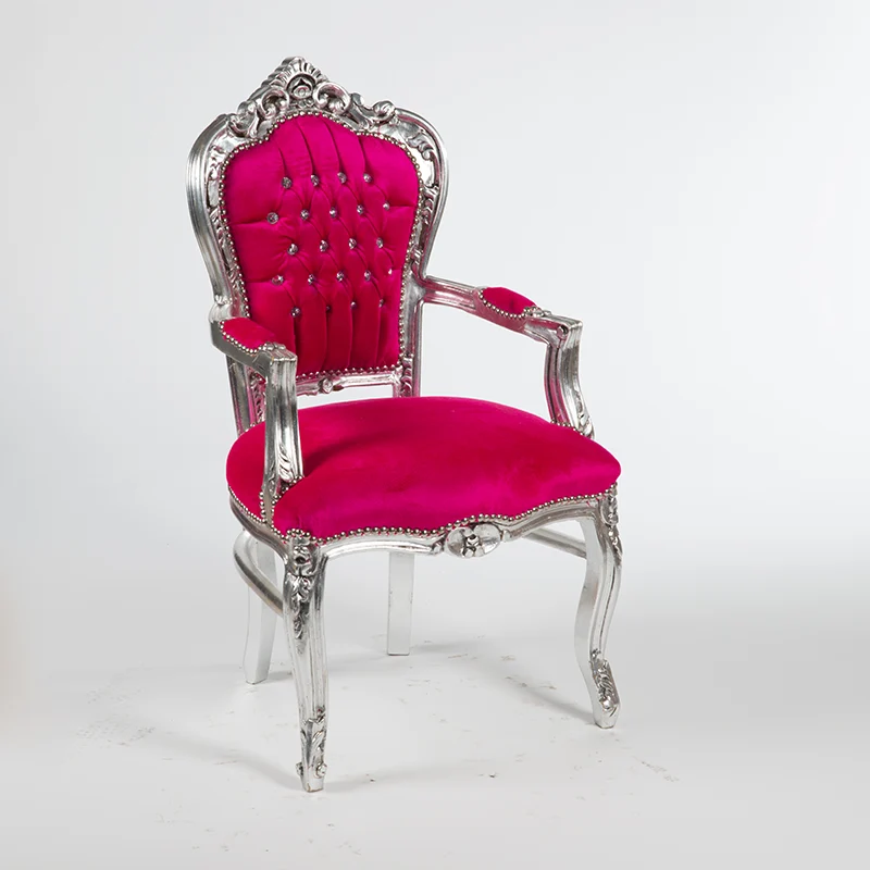 Poltrona barocco tessuto fucsia struttura argento con gemme cm 63x65x94h