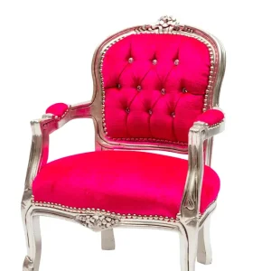 Poltrona bimba barocco legno color argento con rivestimento tessuto colore fucsia