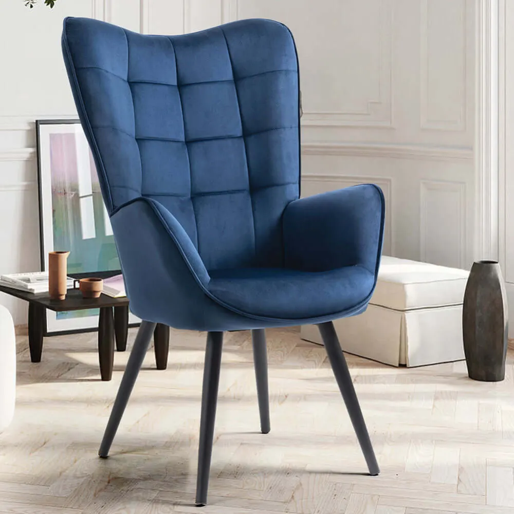 Poltrona da Casa Ufficio Blu Velluto Sedia con Seduta Ergonomica e Braccioli