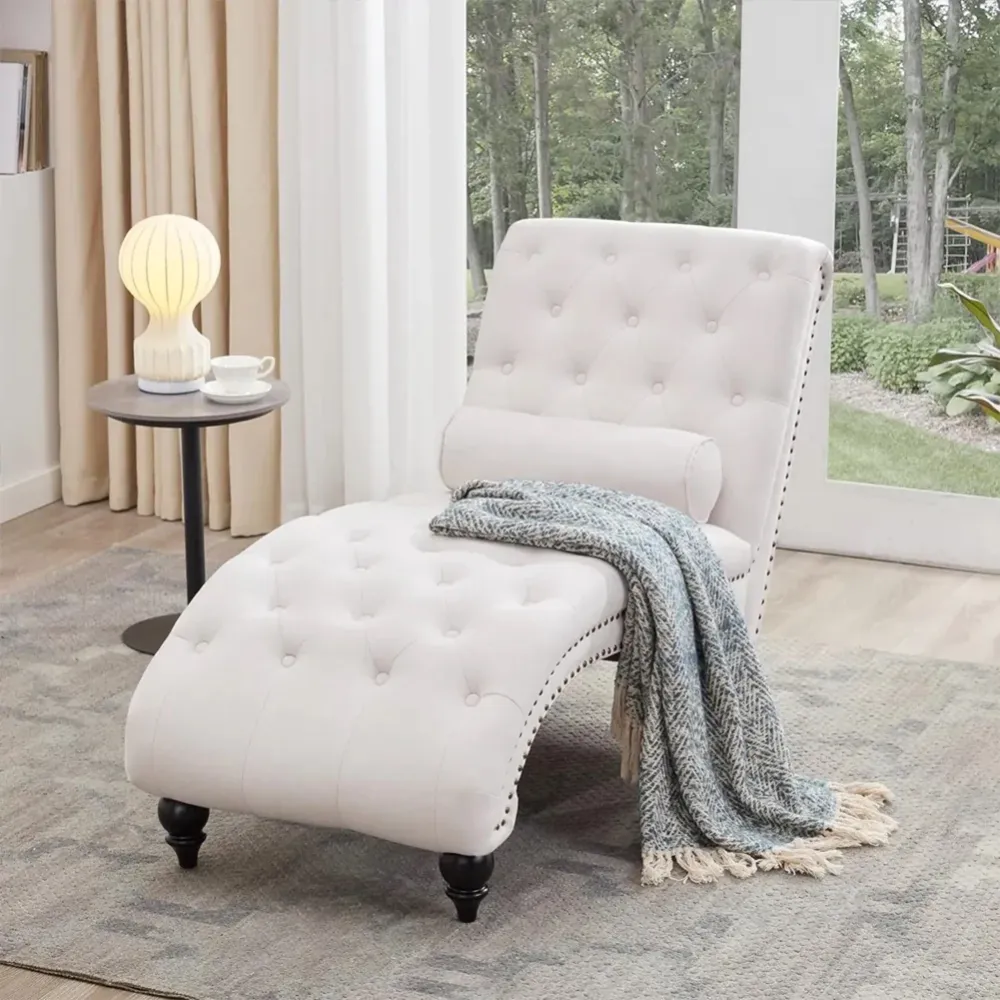 Poltrona Chaise Lounge Tessuto Beige Ergonomica Sdraio Relax Soggiorno Casa