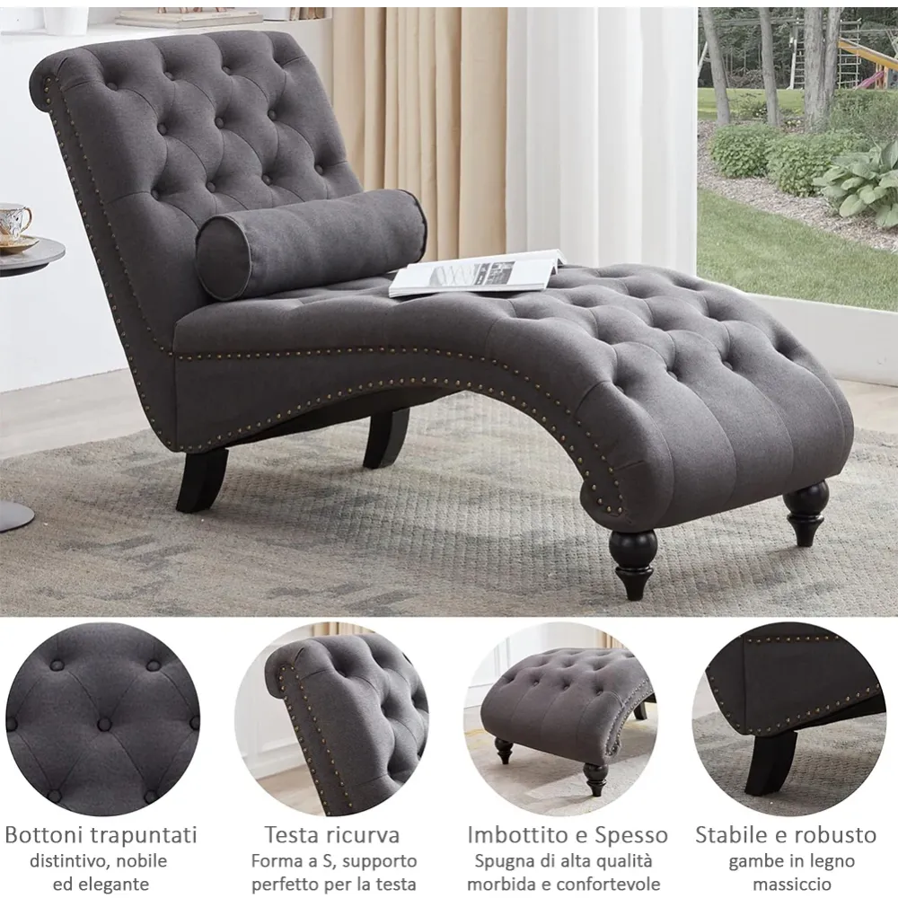 Poltrona Chaise Lounge Tessuto Grigio Ergonomica Sdraio Relax Soggiorno Casa