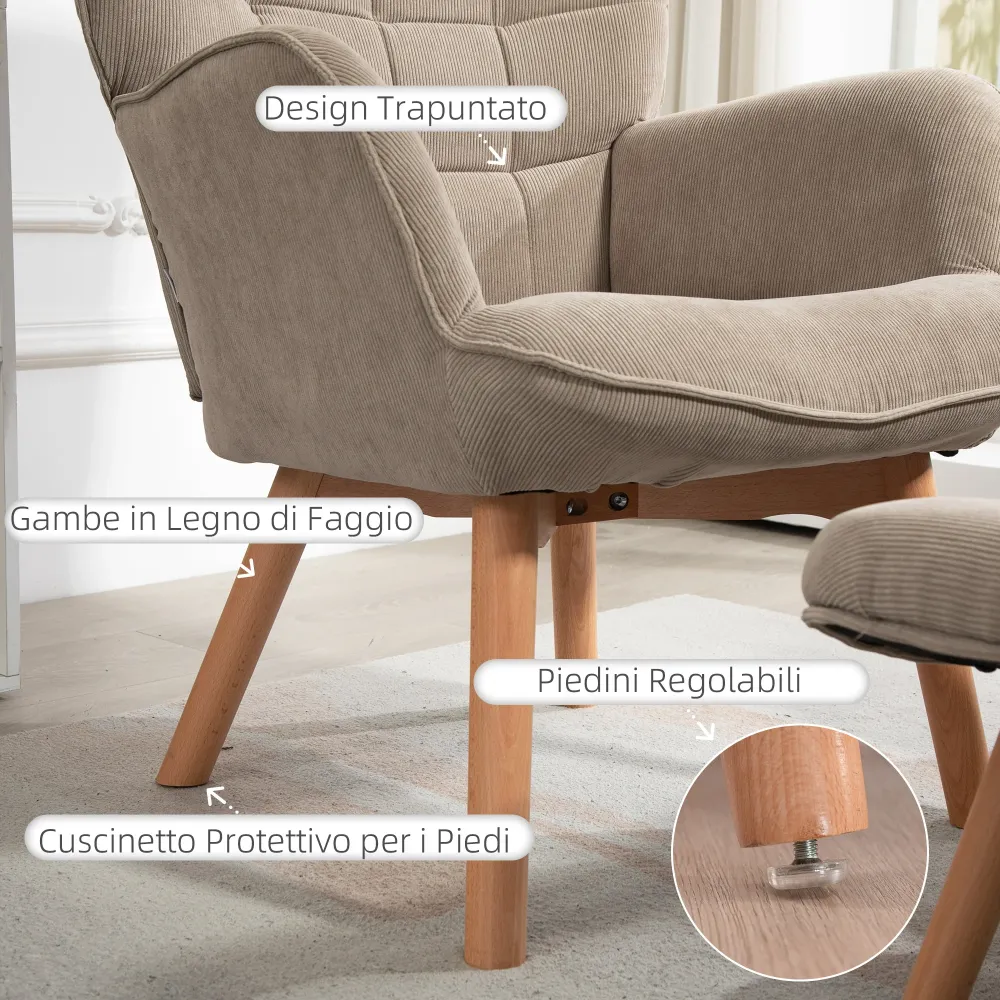 Poltrona con Poggiapiedi Design Moderno 72x80x101 cm Tessuto Effetto Velluto Marrone Chiaro