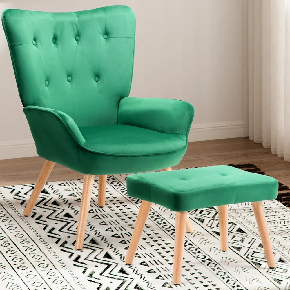 Poltrona con Sgabello da Salotto Velluto Verde Sedia con Poggiapiedi Moderno