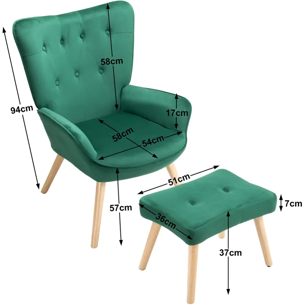 Poltrona con Sgabello da Salotto Velluto Verde Sedia con Poggiapiedi Moderno