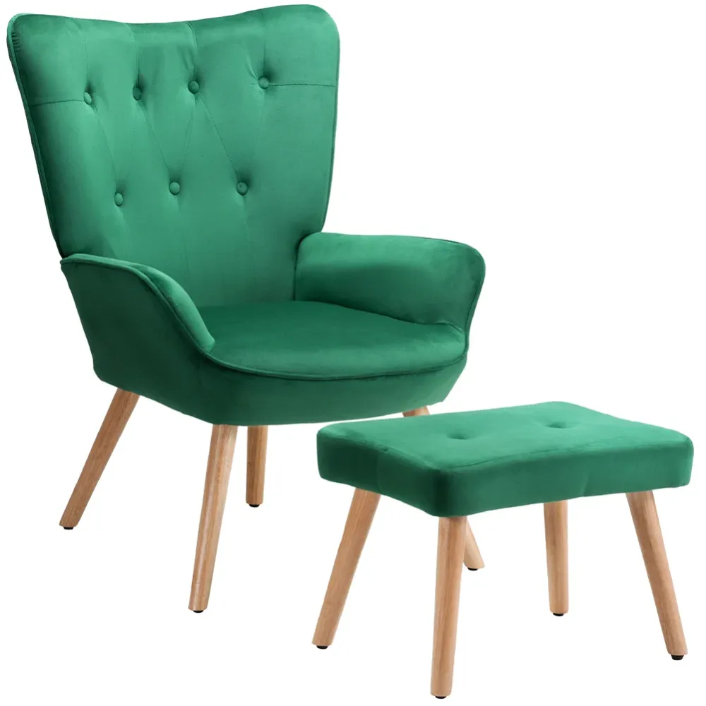 Poltrona con Sgabello da Salotto Velluto Verde Sedia con Poggiapiedi Moderno