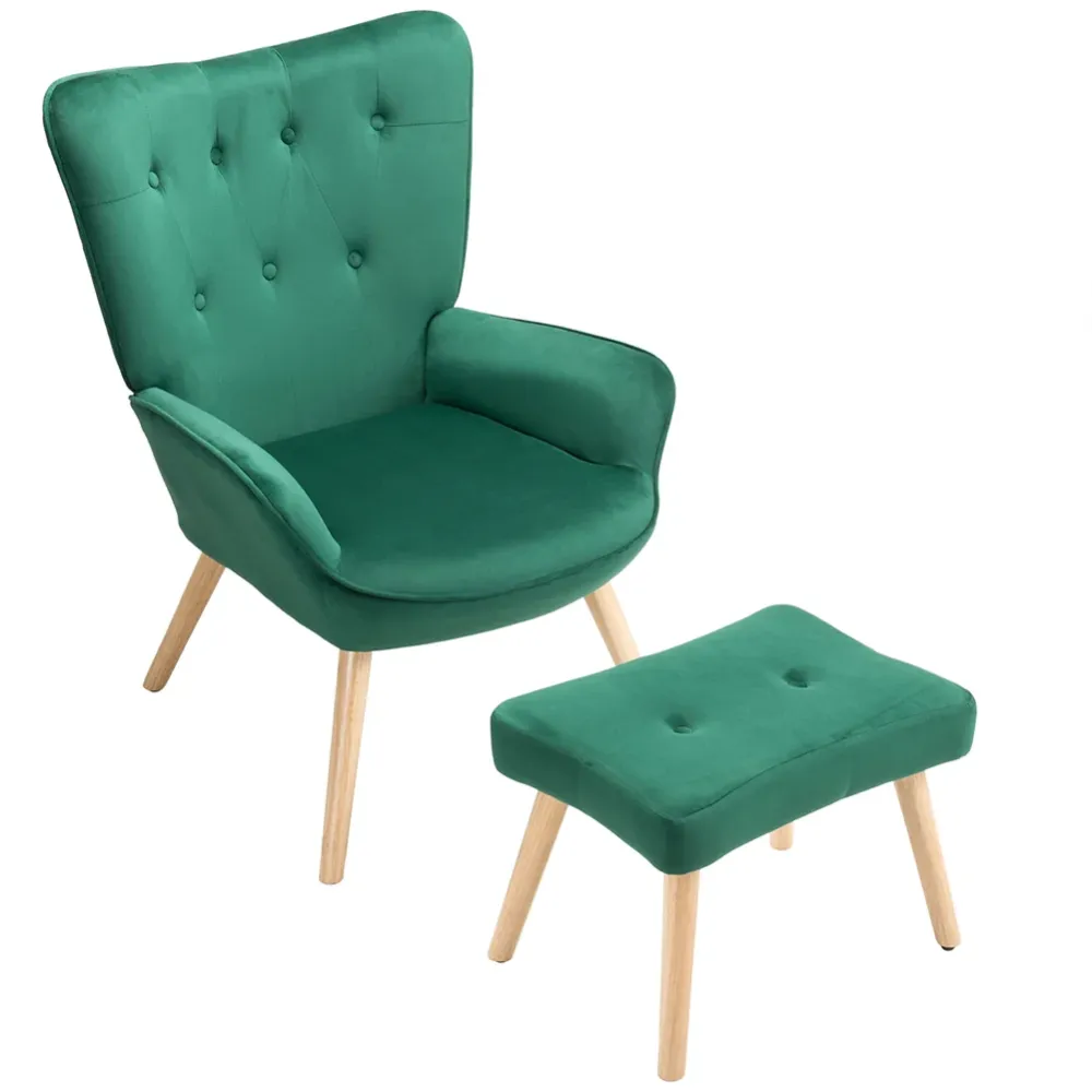 Poltrona con Sgabello da Salotto Velluto Verde Sedia con Poggiapiedi Moderno