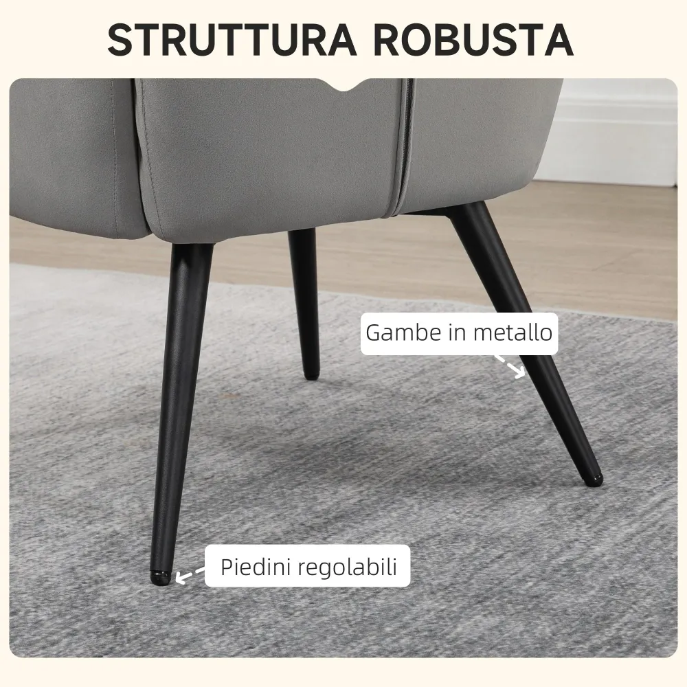 Poltrona D'Arredo Imbottita con Braccioli e Poggiapiedi Integrato Tessuto Effetto Velluto Grigio Chiaro