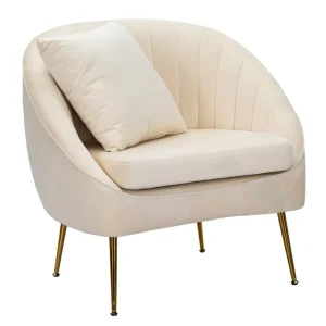 Poltrona design con gambe dorate rivestimento velluto color crema cm 85x66x78h