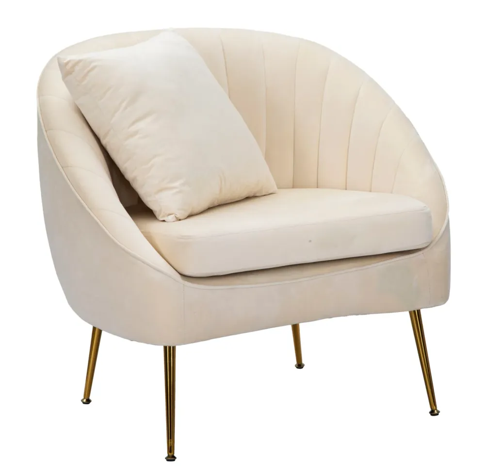 Poltrona design con gambe dorate rivestimento velluto color crema cm 85x66x78h