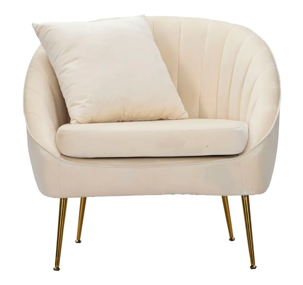 Poltrona design con gambe dorate rivestimento velluto color crema cm 85x66x78h
