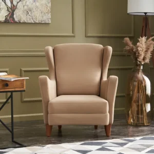 Poltrona design con poggiatesta classica rivestita tessuto crema cm 77x80x98h