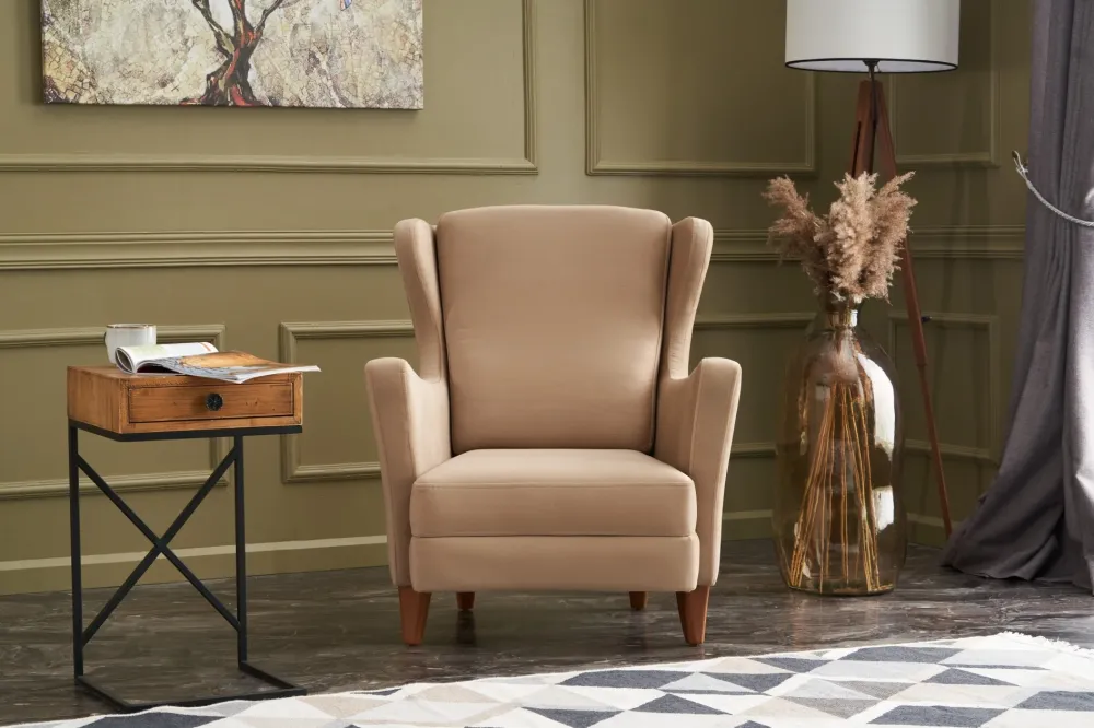 Poltrona design con poggiatesta classica rivestita tessuto crema cm 77x80x98h