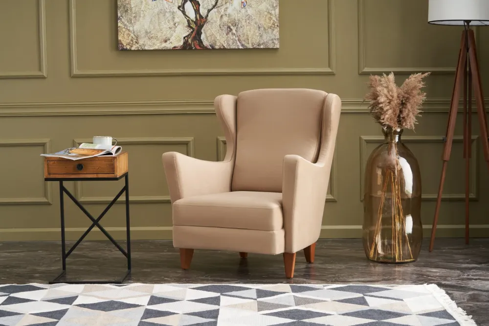 Poltrona design con poggiatesta classica rivestita tessuto crema cm 77x80x98h