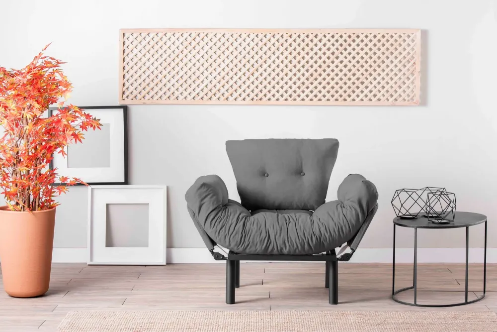 Poltrona design metallo braccioli reclinabili imbottita tessuto grigio cm 95x70x85h