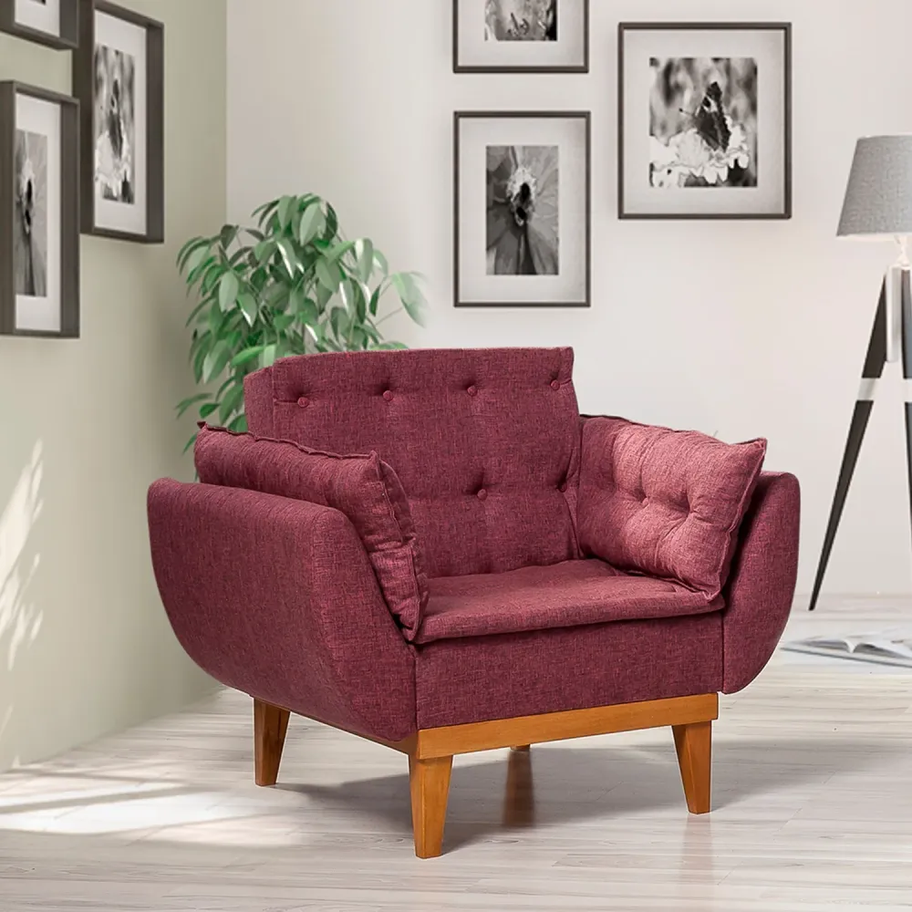 Poltrona design moderno rivestimento tessuto rosso gambe legno cm 96x82x80h
