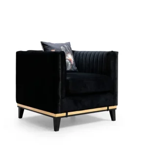 Poltrona design rivestita tessuto nero con inserto dorato cm 83x85x75h