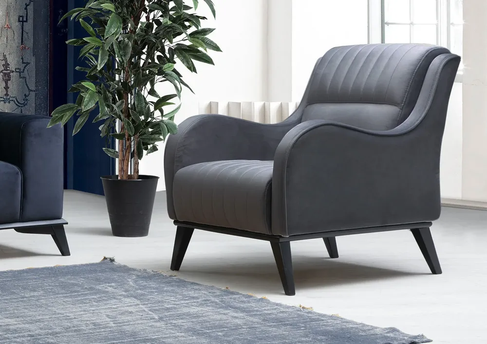 Poltrona design da salotto imbottita rivestita tessuto antracite cm 70x90x87h