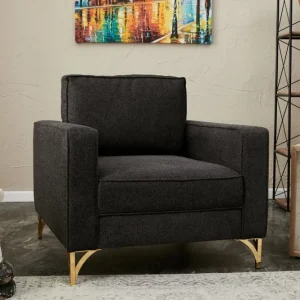 Poltrona design salotto tessuto antracite gambe dorate cm 90x91x83h