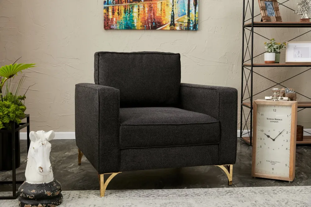 Poltrona design salotto tessuto antracite gambe dorate cm 90x91x83h