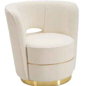 Poltrona design tonda tessuto colore crema con inserti dorati cm 85x77x83h