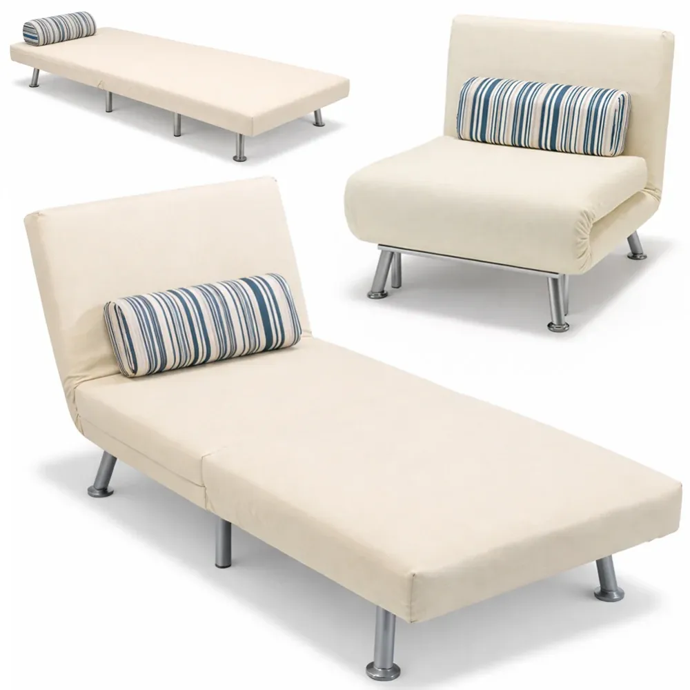 Poltrona Divano Letto 1 Posto Singolo Ferro e Tessuto Reclinabile 75x73 Crema