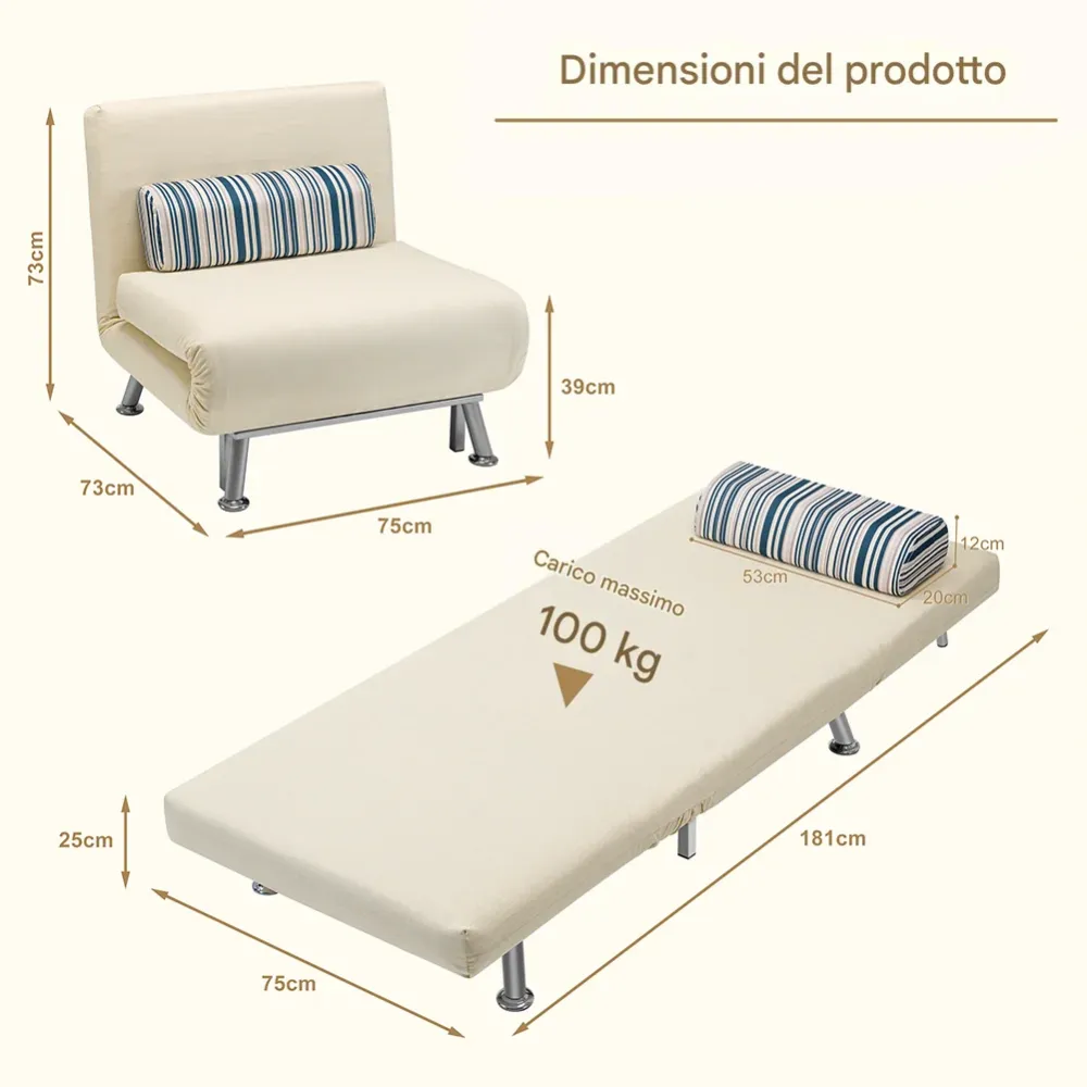 Poltrona Divano Letto 1 Posto Singolo Ferro e Tessuto Reclinabile 75x73 Crema