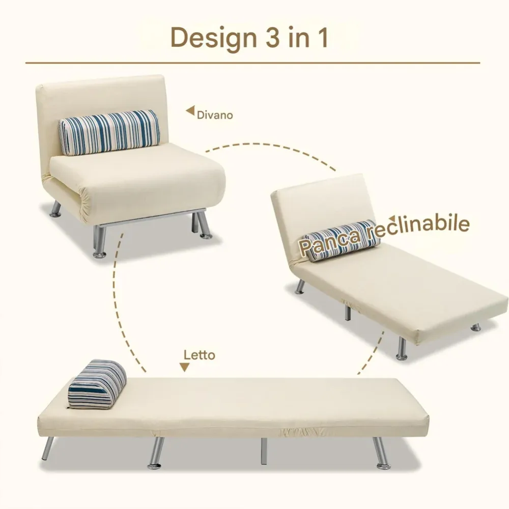 Poltrona Divano Letto 1 Posto Singolo Ferro e Tessuto Reclinabile 75x73 Crema