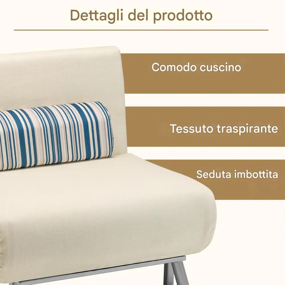 Poltrona Divano Letto 1 Posto Singolo Ferro e Tessuto Reclinabile 75x73 Crema