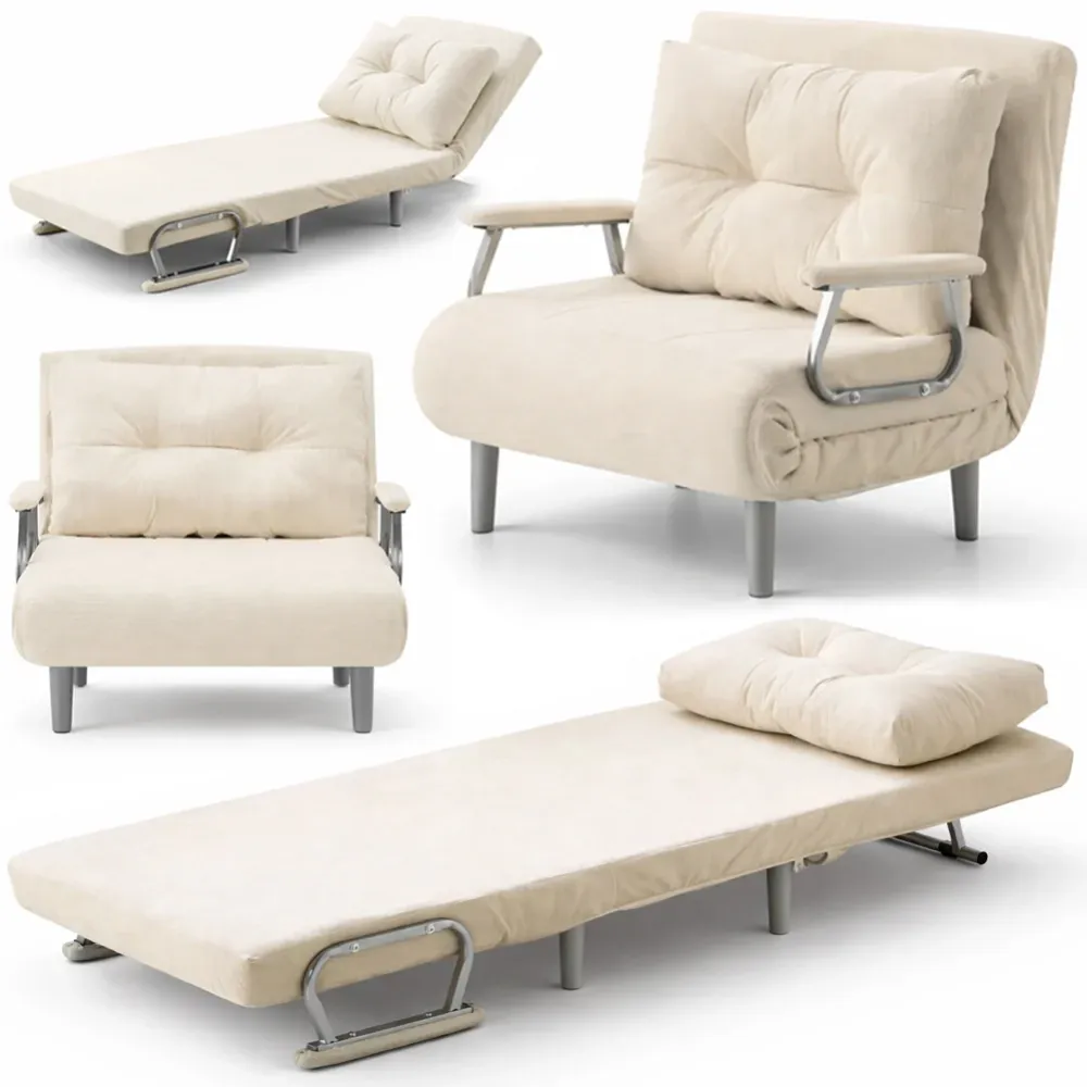 Poltrona Divano Letto Singolo Reclinabile Beige Rivestimento Velluto Coste