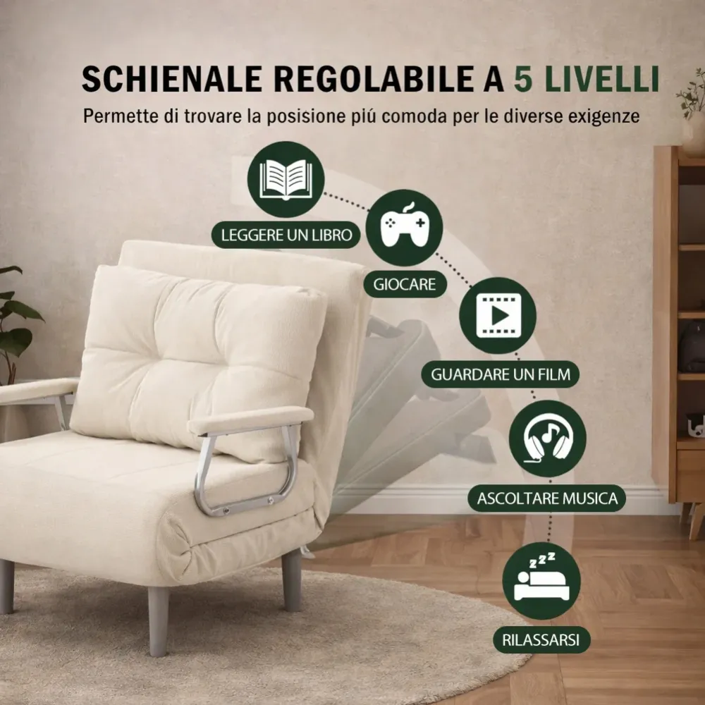 Poltrona Divano Letto Singolo Reclinabile Beige Rivestimento Velluto Coste