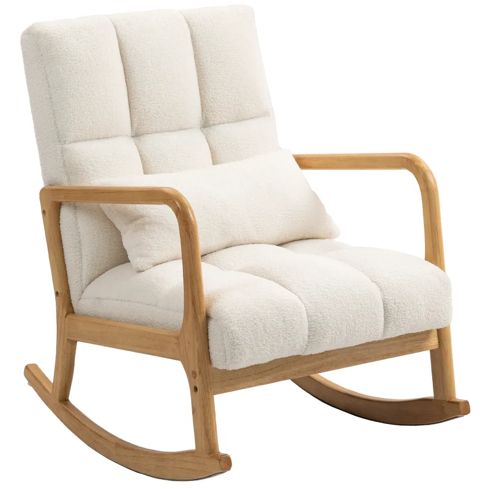Poltrona Dondolo 90°-130° 64,5x82x89 cm con Cuscino Lombare Tessuto Sherpa Bianco