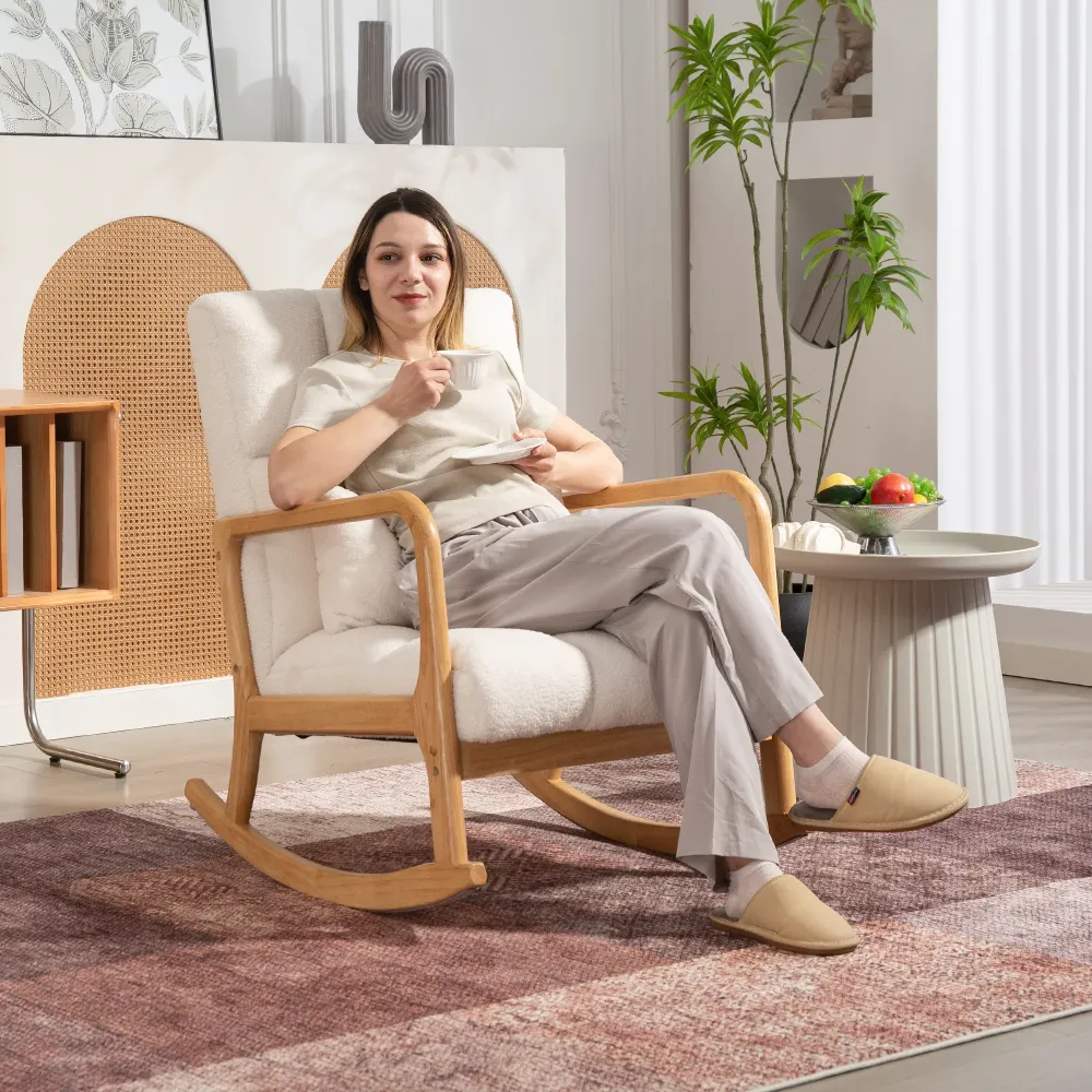 Poltrona Dondolo 90°-130° 64,5x82x89 cm con Cuscino Lombare Tessuto Sherpa Bianco