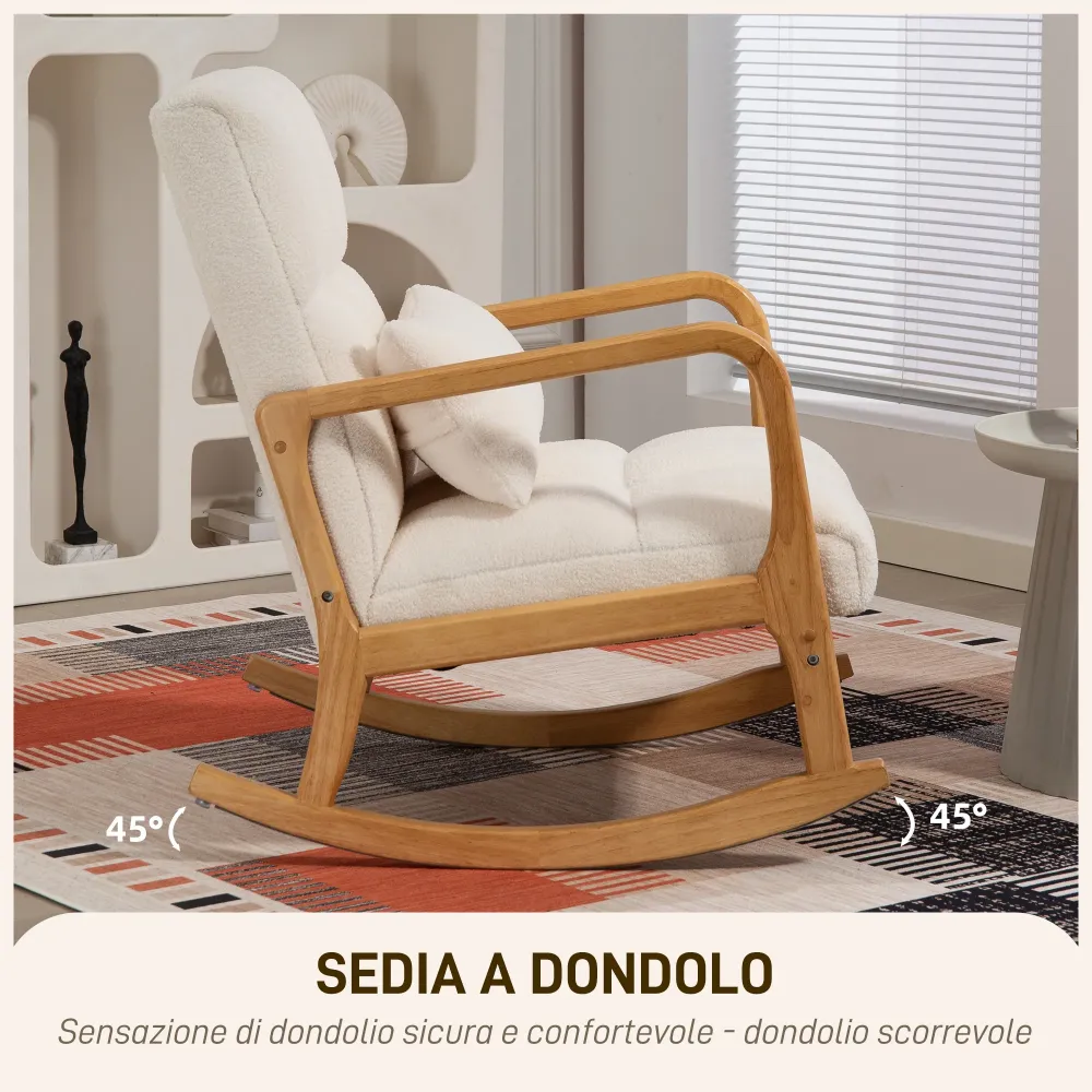 Poltrona Dondolo 90°-130° 64,5x82x89 cm con Cuscino Lombare Tessuto Sherpa Bianco