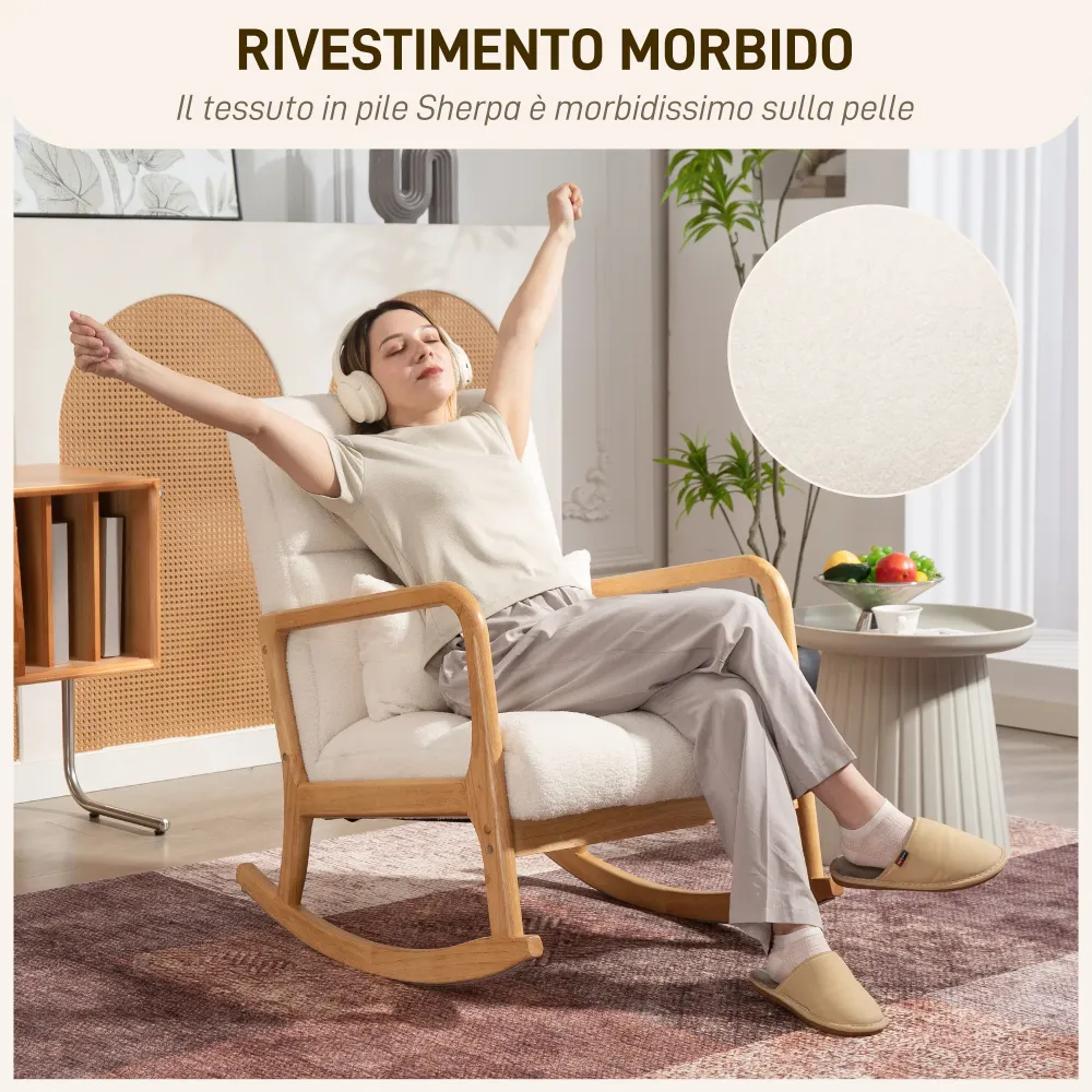 Poltrona Dondolo 90°-130° 64,5x82x89 cm con Cuscino Lombare Tessuto Sherpa Bianco