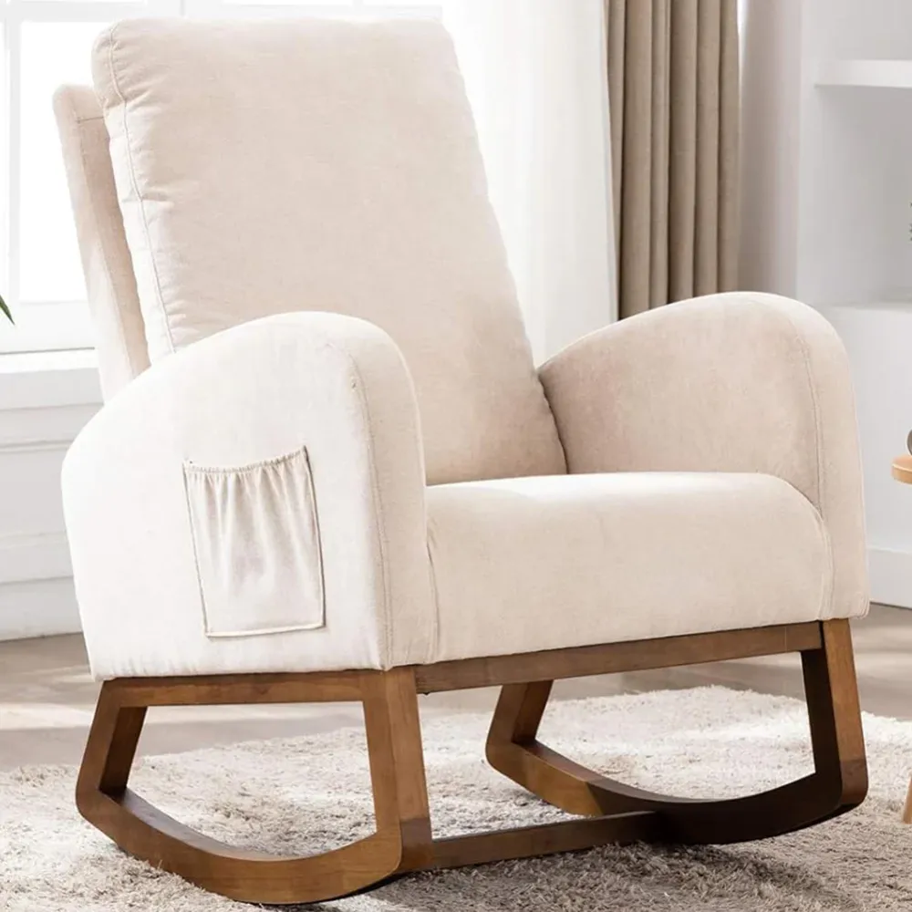 Poltrona Dondolo Beige Tessuto con Struttura Legno Sedia Relax Dondolante