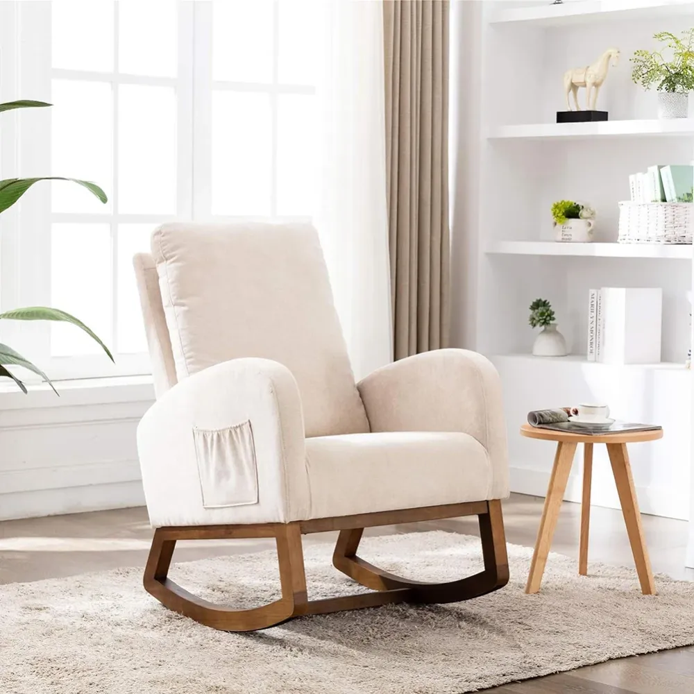 Poltrona Dondolo Beige Tessuto con Struttura Legno Sedia Relax Dondolante