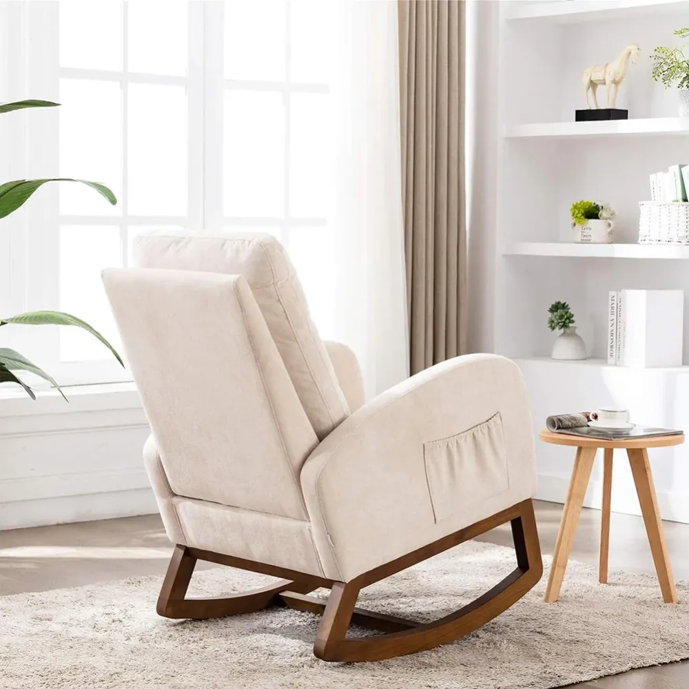 Poltrona Dondolo Beige Tessuto con Struttura Legno Sedia Relax Dondolante