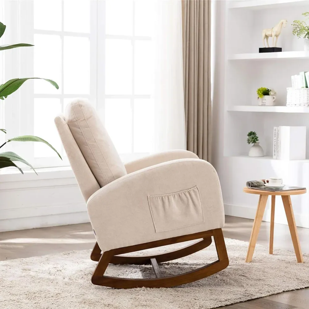 Poltrona Dondolo Beige Tessuto con Struttura Legno Sedia Relax Dondolante